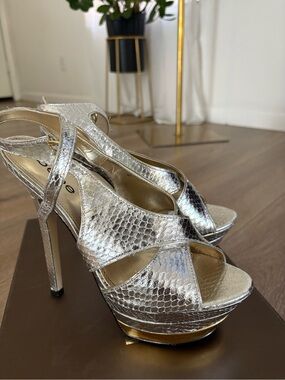 bebe Silver Snake-Texture Platform Slingback Heels